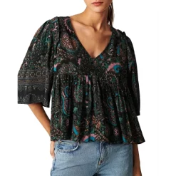 Promo 🧨 Ba&sh Zarry V Neck Paisley Print Top Black ⌛