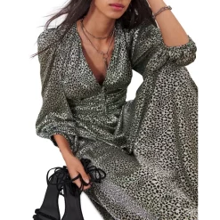 Promo 👍 Ba&sh Celie Metallic Balloon Sleeve Maxi 👗 Dress Green 🧨 -ba&sh Sales Store unnamed file 440