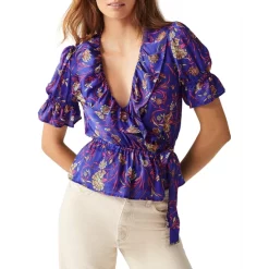 New 🥰 Ba&sh Chella Printed Faux Wrap Top Blue ✔️